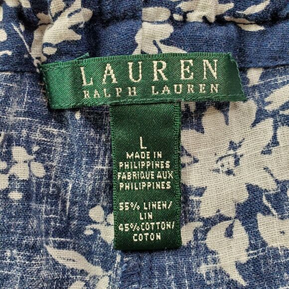 Ralph Lauren Womens Pants Large Navy Blue White Floral Linen Cropped Capri - Picture 3 of 6